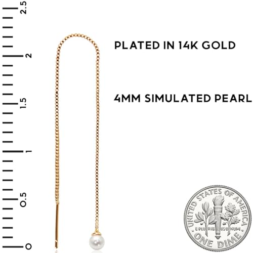 Threader Pearl Earrings for Women - Long Dangle with Simulated Pearls | Plated in Gold Tone or Silver Tone - color: Single Simulated Pearl - 14K Gold Plated