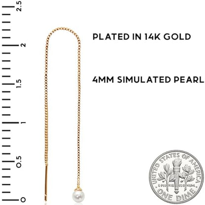 Threader Pearl Earrings for Women - Long Dangle with Simulated Pearls | Plated in Gold Tone or Silver Tone - color: Single Simulated Pearl - 14K Gold Plated