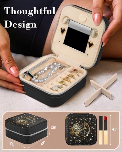 Bistup Travel Jewelry Case - Small Jewelry Organizers and Storage Box for Women Girls Teens Cute Traveling Jewelry Holder with Mirror Little Tiny Compact Modern Unique Aesthetic Pretty, Sun and Moon - style: Sun Moon