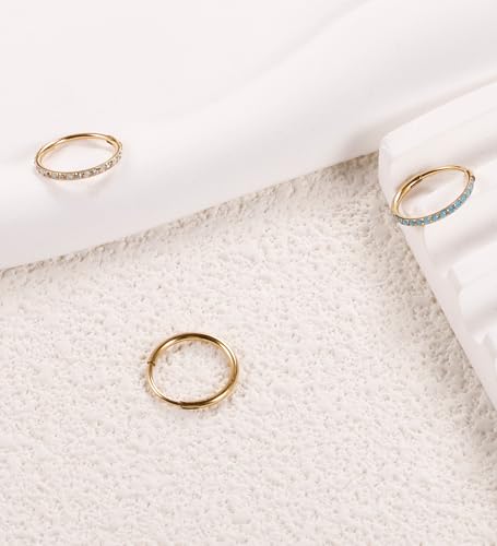 3pcs Nose Rings Hoops - 316L Surgical Steel Nose Hoops 16G/18G/20G CZ Opal Turquoise Clicker Septum Nose Ring Lip Helix Cartilage Hoop Earring Daith Rook Conch Body Piercing Jewelry for Women Men 6mm 8mm 10mm - color: Gold, size: 20 gauge(0.8mm)-10mm
