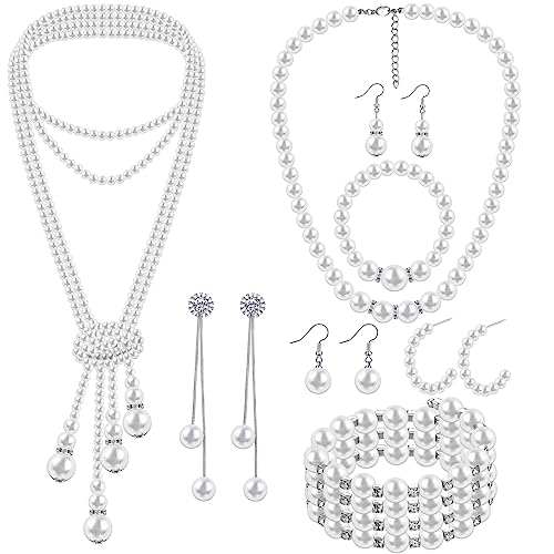 Bonuci 12 Pcs Women Pearl Jewelry Set Pearl Necklace Bracelet Earrings with Rhinestone for Wedding Birthday Bridal Tea Party - style: Classic