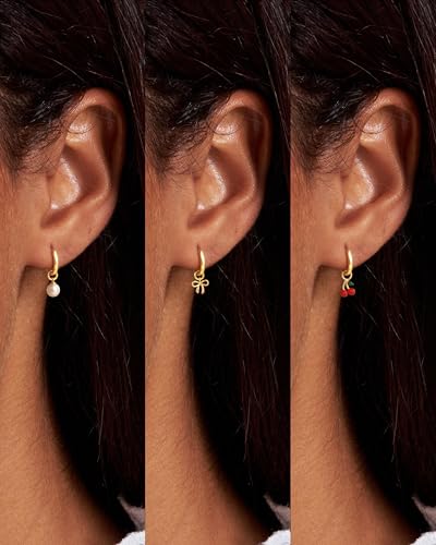 Freekiss Gold Huggie Earrings with 3 Charms for Women | 14K gold-plated huggie hoops with cherry, bow, and pearl charms for interchangeable daily styling, parties, and gifts - color: Pearl Cherry Bow-GD