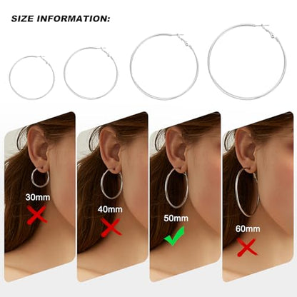 4 Pairs Silver Gold Hoop Earrings for Women | 14K Gold Plated Hoop Earrings Set Hypoallergenic Earring Lightweight Dangle Earrings Set - color: 1 Pair Silver-50mm