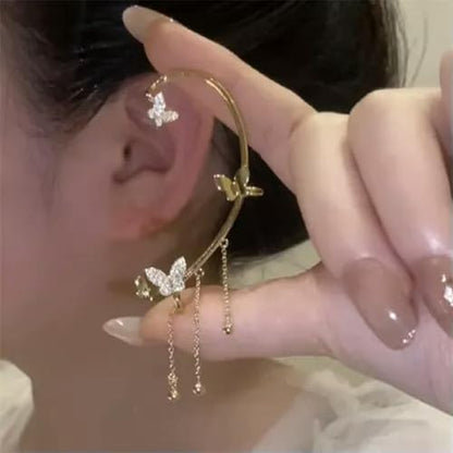 Gold Plated Zircon Butterfly Ear Cuff Clip Non Piercing Wrap Jewelry Earring New-Right-Gold Tassel(1pc) - color: Right-gold Tassel(1pc)