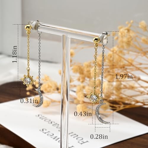 Moon and Star Dangle Earrings | Chain Tassel with Cubic Zirconia Drop Front and Back Earrings Celestial Jewelry for Wedding Gift - color: Gold and Silver