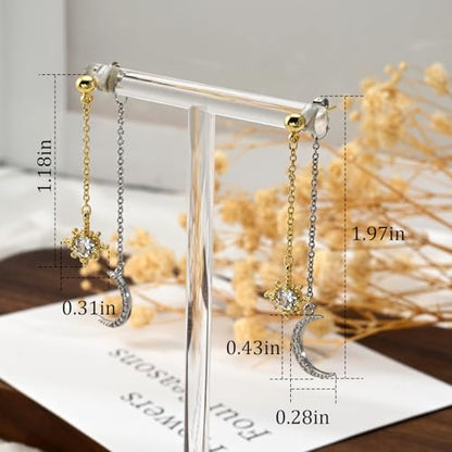Moon and Star Dangle Earrings | Chain Tassel with Cubic Zirconia Drop Front and Back Earrings Celestial Jewelry for Wedding Gift - color: Gold and Silver