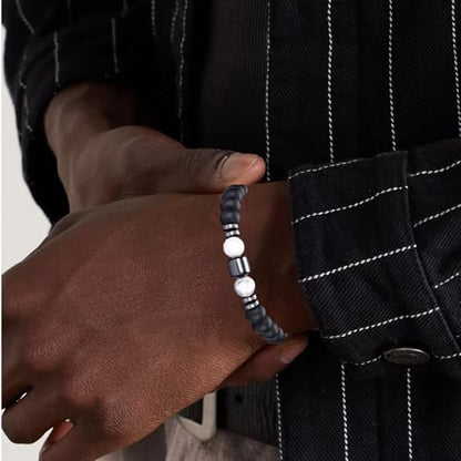 Mens Beaded Bracelets Set 8MM Tiger Eye Lava Stone Stretch Natural Stone Men's Bead Bracelet Mens Bracelet - color: 2, Black, White Bracelet