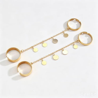 Chain Ring for Women Chunky Dangle Ring Two Finger Rings Crystal Statement Open Adjustable Finger Chain Rings Fashion Jewelry Accessories - color: gold