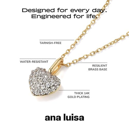 Ana Luisa Lev Puffy Heart Necklace for Women - Paperclip Chain w/ 14K Gold Plated & Silver Rhodium Plated Small Puffed Heart Pendant - Hypoallergenic, Water-Resistant, Tarnish-Free Jewelry - style: Cubic Zirconia