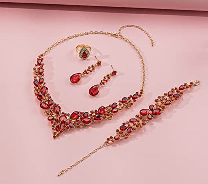 Paxuan Crystal Bridal Wedding Jewelry Sets for Women Rhinestone Teardrop Crystal Statement Choker Necklace Drop Earrings Link Bracelets Rings Teardrop Jewelry Set for Brides Bridesmaids - color: Red