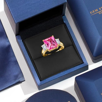 Gem Stone King 18K Yellow Gold Plated Silver Pink Created Sapphire and White Zirconia Engagement Ring For Women | 7.92 Cttw | Emerald Cut 12X10MM | Gemstone September Birthstone