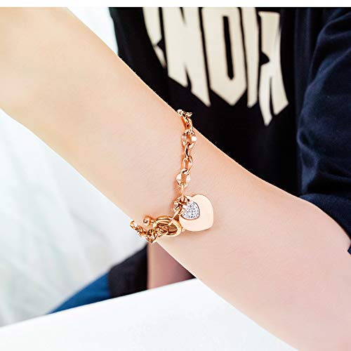 kelistom 316L Stainless Steel Love Heart Charm Bracelet for Women Romantic Gift Silver/Rose/18k Gold Plated OT Clasp Bracelets - color: rose gold-1