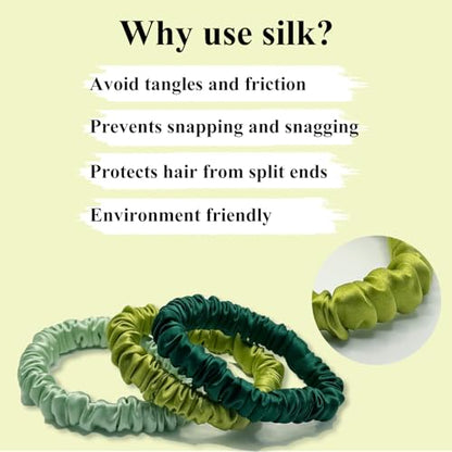 VLOMOT 3 Pcs Set 100% Pure Mulberry Silk Hair Scrunchies (Green) | Silk Hair Ties for Thin Hair with 3 Chic Colors Everyday Skinny Scrunchies Silk Ponytail Holders Hair Care No Damage - color: Green