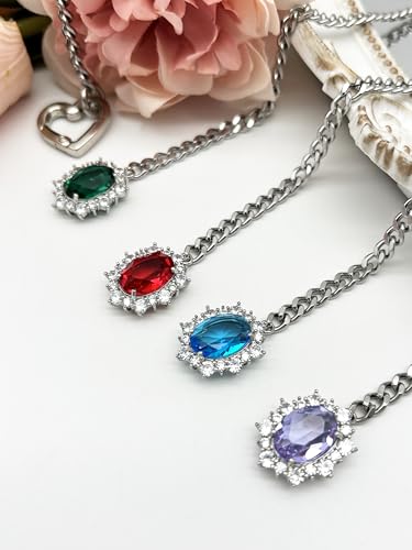 Women's Heart O-Ring Slip Chain Necklace, Double Layered Adjustable 39'' Cuban Chain with Detachable Heart Clasp and Colorful Rhinestone Pendant - color: 39'' Silver-Emerald Green