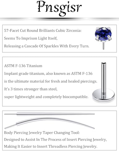 F136 Titanium 20/18/16G Earrings Nose Lip Rings Medusa Tragus Cartilage Helix Labret Flat Back Threadless Implant Grade Stud Piercing Jewelry for Women - color: Blue CZ, size: 18g*6/7/8mm*2/3/4mm