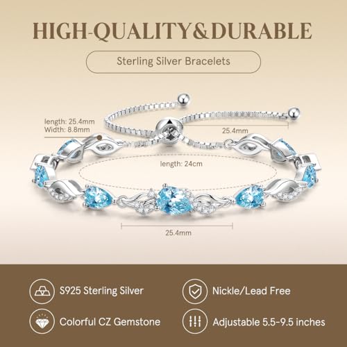 FANCIME Birthstone Teardrop Tennis Bracelet for Women, Sterling Silver 9x7mm main Gemstone Bolo Adjustable Chain Bracelet Fine Jewelry Birthday Gifts for Women Mom Wife Her - color: 03-Aquamarine