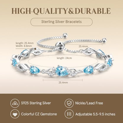 FANCIME Birthstone Teardrop Tennis Bracelet for Women, Sterling Silver 9x7mm main Gemstone Bolo Adjustable Chain Bracelet Fine Jewelry Birthday Gifts for Women Mom Wife Her - color: 03-Aquamarine