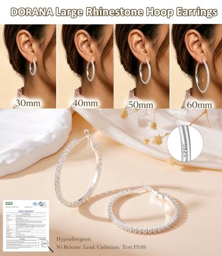 3mm 925 Sterling Silver Big Cubic Zirconia Hoop Earrings for Women Large Rhinestone Hoop Earrings 14K Gold Plated Hypoallergenic Lightweight 30mm/40mm/50mm/60mm - color: Silver-40mm