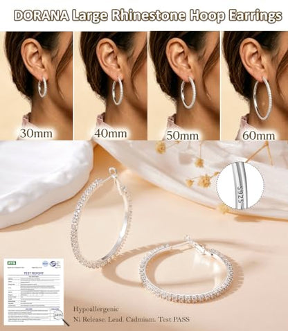 3mm 925 Sterling Silver Big Cubic Zirconia Hoop Earrings for Women Large Rhinestone Hoop Earrings 14K Gold Plated Hypoallergenic Lightweight 30mm/40mm/50mm/60mm - color: Silver-40mm