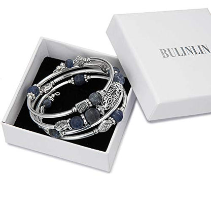 BULINLIN Layered Wrap Bangle Turquoise Bracelet - Bead Bracelet with Natural Agate Stone, Gifts For Women - color: 04-Navy blue