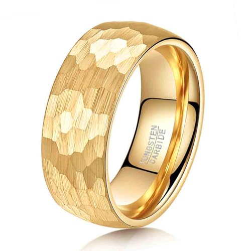 4-6mm Hammered Tungsten Wedding Band Matte for Men and Women | Matte Brushed Finish, Scratch and Fade Resistant, Engraved Faceted Pattern, Dome Profile, 4mm/6mm/8mm, Sizes 6–12 - color: 8mm Hammered Gold