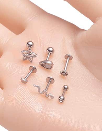 Tornito 9-30Pcs Cartilage CZ Stud Earrings Conch Forward Helix Tragus Daith Piercing Lip Rings Snake Heart Butterfly Jewelry for Women Men 16G Silver Gold Tone - color: C:Silver Tone(Snake)