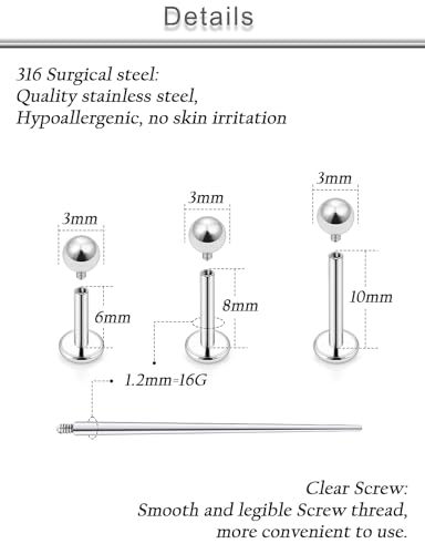 18G 16G 14G Lip Labret Medusa Nose Rings Studs Flat Back Earrings Internally Threaded 316L Surgical Steel Snake Bites Lip Rings Cartilage Tragus Helix Conch Earring Stud 6mm 7mm 8mm - color: 3 Color-14G（1.6mm)-6mm 8mm 10mm Bars-4mm CZ