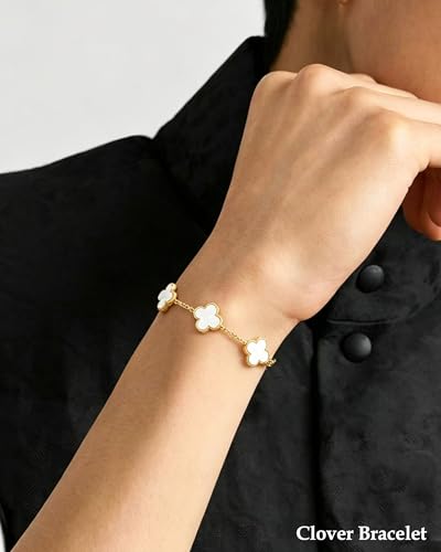 Clover Jewelry Set 3 PC - 18K Gold Plated Stainless Steel Y Necklace Four Leaf Pendant, Clover Bracelet Charm, 4leaf Earrings, Hypoallergenic Non-Tarnish, Lucky Jewelry Gifts for Women Mom - color: White/Gold