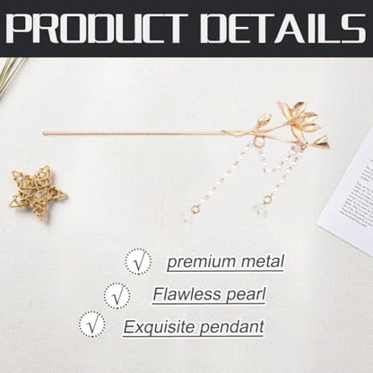 8 Pieces Retro Vintage Asian Japanese Gold Metal Long Hair Sticks Pins with Pearl Jade Tassels Pendants Chinese Hanfu Hair Chopsticks Picks Bun Forks Holders Hairpins Headpieces (Set A)