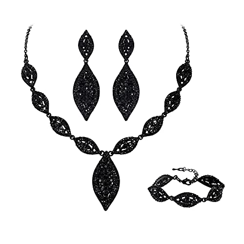 Flyonce Wedding Jewelry Set Rhinestone Crystal Bridal Leaf Necklace Drop Dangle Chandelier Earrings Sets for Women - color: Black Black-Tone