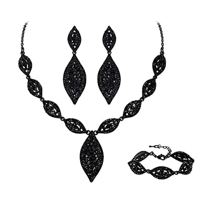 Flyonce Wedding Jewelry Set Rhinestone Crystal Bridal Leaf Necklace Drop Dangle Chandelier Earrings Sets for Women - color: Black Black-Tone