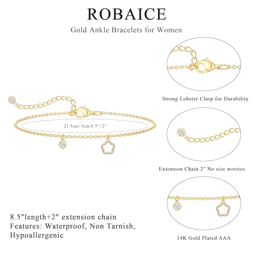 Robaice Anklets for Women, 14K Gold Plated Layered Ankle Bracelets | Waterproof Figaro Link Pearl Anklet, Ankle Bracelets for Women Stackable, Summer Beach Jewelry Gifts Non Tarnish - style: Gold Anklet Chain