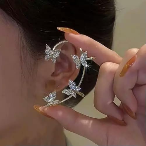 Gold Plated Zircon Butterfly Ear Cuff Clip Non Piercing Wrap Jewelry Earring New-Left-Silver(1pc) - color: Left-silver(1pc)