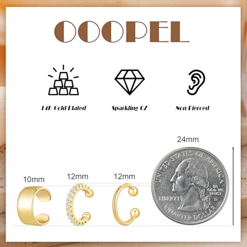 OOOPEL 3 Pairs 14K Gold Plated Ear Cuffs Non Piercing Lightweight Stackable Chunky Earring Cuff for Women Adjustable Non-Fading Fake Earrings Suitable for Christmas Gift - style: Polished