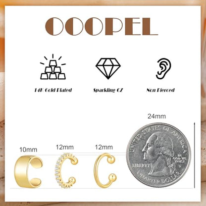 OOOPEL 3 Pairs 14K Gold Plated Ear Cuffs Non Piercing Lightweight Stackable Chunky Earring Cuff for Women Adjustable Non-Fading Fake Earrings Suitable for Christmas Gift - style: Polished