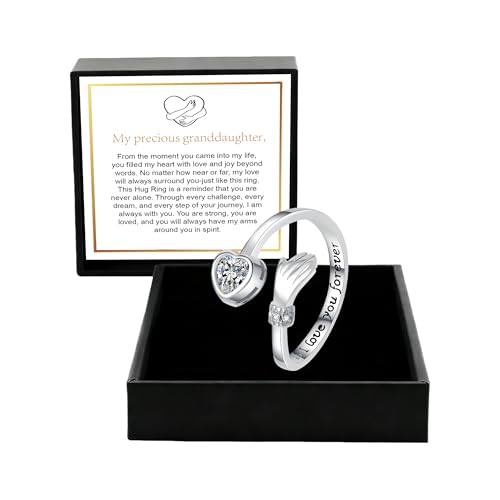 Granddaughter Daughter Hug Ring For Hope Rings, Stainless Steel Inspirational Jewelry Engraved Always With You Love You Forever Message Adjustable Non Tarnish Jewelry Birthday Gift Card - color: LYF White Diamond
