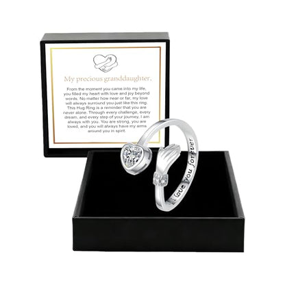 Granddaughter Daughter Hug Ring For Hope Rings, Stainless Steel Inspirational Jewelry Engraved Always With You Love You Forever Message Adjustable Non Tarnish Jewelry Birthday Gift Card - color: LYF White Diamond