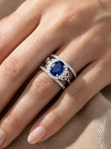 2-3 Carat Oval Engagement Ring 925 Silver Celtic Knot Birthstone Rings for Women Hypoallergenic Amehtyst/Aquamarine/Emerald/Ruby/Sapphire Cocktail Rings Jewelry Size 6-10 - color: B. Sapphire