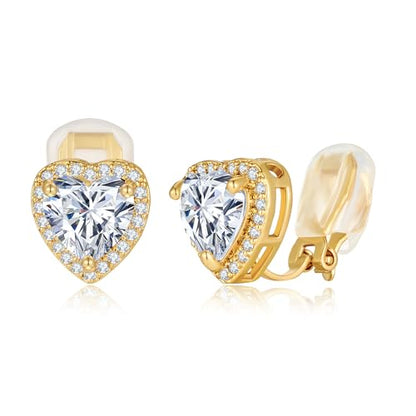 Clip On Earrings for Women Halo Clip-on Non-pierced Earrings Gold Plated Small CZ Studs Dainty Jewelry - color: Heart
