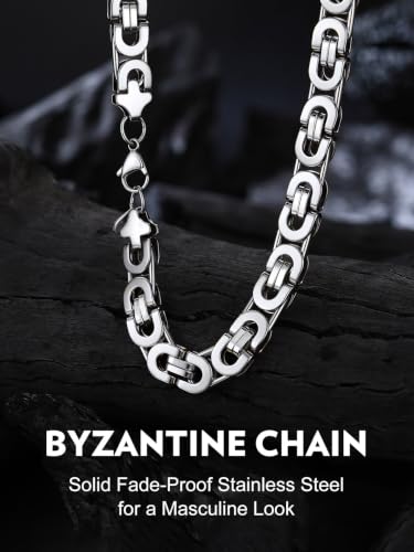 Bandmax Stainless Steel Byzantine Chain Necklace for Men Two Tone Black Gold Heavy Duty Motorcycle Biker Link Chains, 6MM/8MM/10MM Width, 18 Inch-30 Inch Length, Men's Fashion Jewelry Gift - color: 02 Silver Tone
