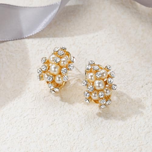 EVER FAITH Austrian Crystal White Simulated Pearl Bridal Cluster Pierced Stud Earrings - color: Clear Gold-Tone