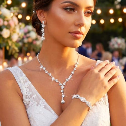 Aukmla Rhinestone Wedding Prom Jewelry Sets Silver Diamond Necklaces and Earring Bracelet Set for Brides and Women - color: Silver