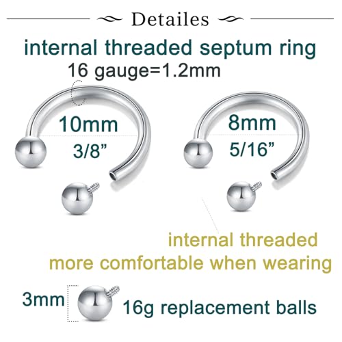 Longita Internally Threaded Septum Ring Silver Black Gold Septum Rings 16G Septum Piercing Surgical Steel Septum Jewelry Septum Nose Rings 16 Gauge Small Septum Ring Horseshoe with Replacement Balls - color: A3-silver-8+10mm