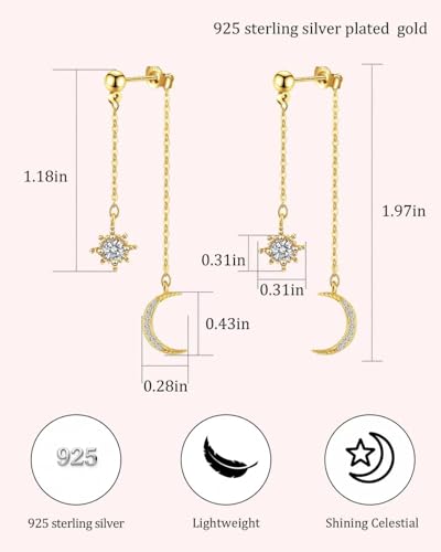 Moon and Star Dangle Earrings | Chain Tassel with Cubic Zirconia Drop Front and Back Earrings Celestial Jewelry for Wedding Gift - color: Gold
