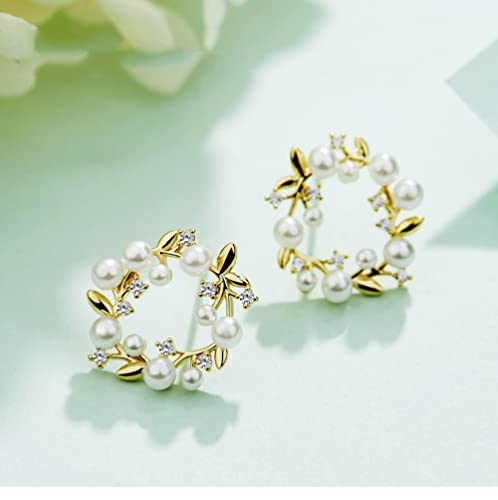 Elegant Pearl Stud Earrings S925 Sterling Silver Dainty CZ Crystal Birthstone Anadem Flower Wedding Earring Ear Piercing Leaf 18K Gold Plated Jewelry for Women Hypoallergenic