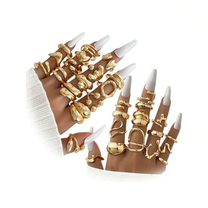31 Pcs Chunky Gold Rings Fashion Stackable Rings for Women Statement Womens Rings Set Knuckle Band Ring Jewelry Gifts - style: Golden 31 pieces