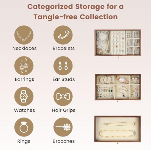 Wooden Jewelry Box for Women, 3-Layer Jewelry Organizers and Storage with 3 Drawers & Velvet Trays, Large Earring Holder, Necklace Ring Travel Case, Gift Box for Drawer, Wood - size: 3-Layer