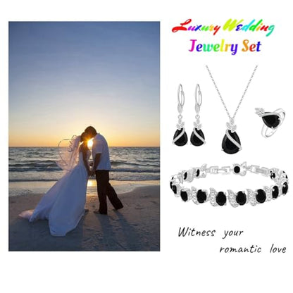 LMXXVJ Jewelry Set for Women,Teardrop Cubic Zirconia Necklace Earrings Adjustable Ring Bracelet Jewelry Set Formal Jewelry Gift - color: SYSD-White Gold-Black