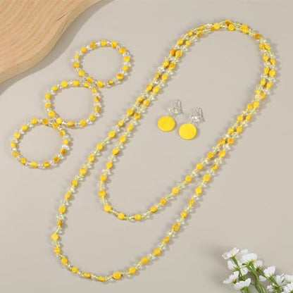 Trendy Infinity Wrap 60’’ Long Statement Necklace, Earrings and Bracelet Set - Hand Knotted Versatile Crystal and Shell Beads Strand Necklace and Chunky Beaded Stretch Bracelet Stack – Jewelry Set Gift for Women - color: yellow