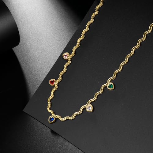 Hipunk Women Gold Plated Stainless Steel Wave Rope Chain Collar Necklace with Colorful Zirconia Flower Heart Charms Choker, Adjustable 16+2 Inch - color: heart